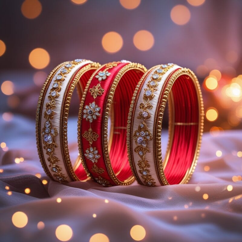 Modern bridal silk bangles layered with pastel and metallic accents