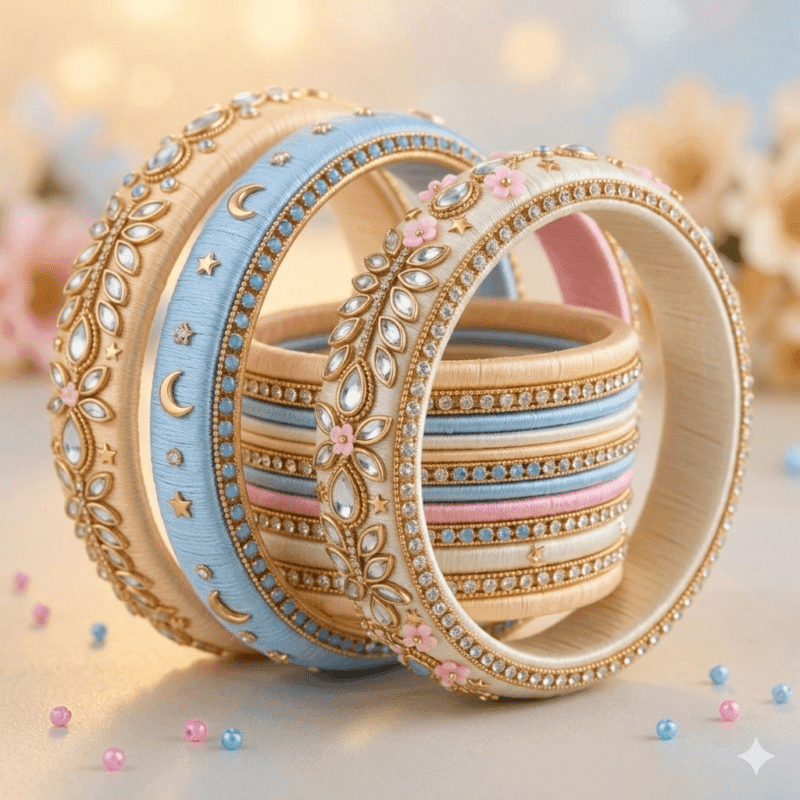 Elegant nude and sky blue silk thread bangles for modern bridal styling
