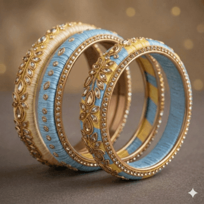 Bright yellow silk thread bangles styled for Haldi wedding ceremony