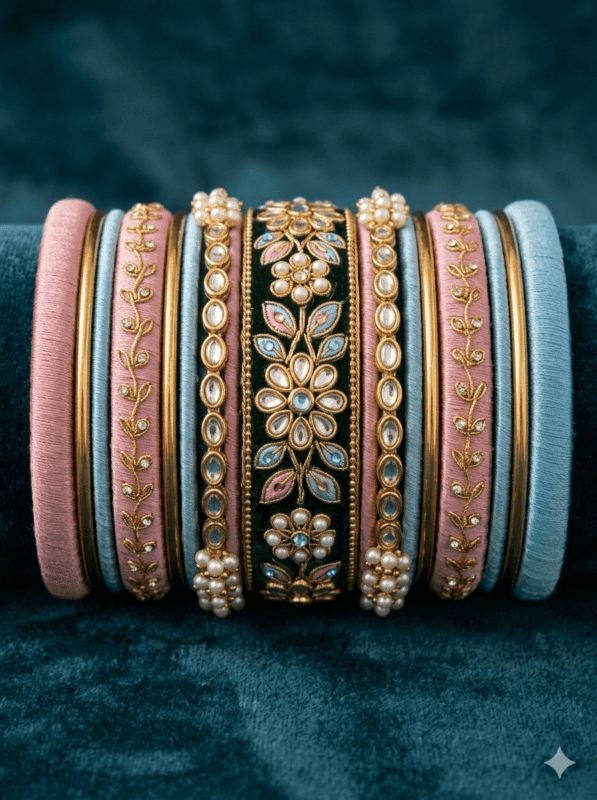Fancy silk thread bangles 2026 with minimal Kundan and metallic accents