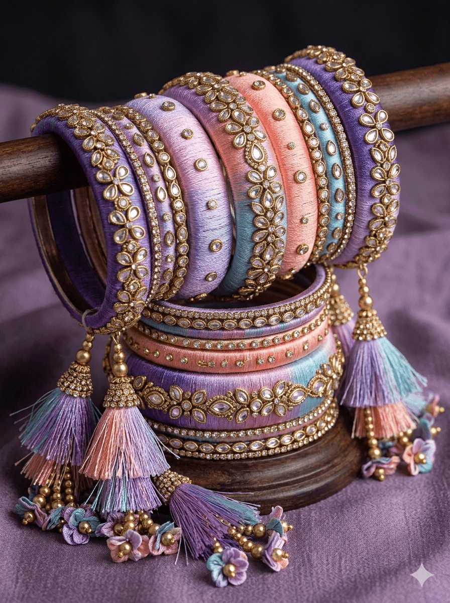 Bridal silk thread bangles set with decorative stones