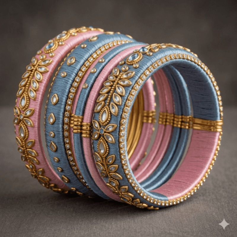 Lavender silk thread bangles with pink detailing for modern brides