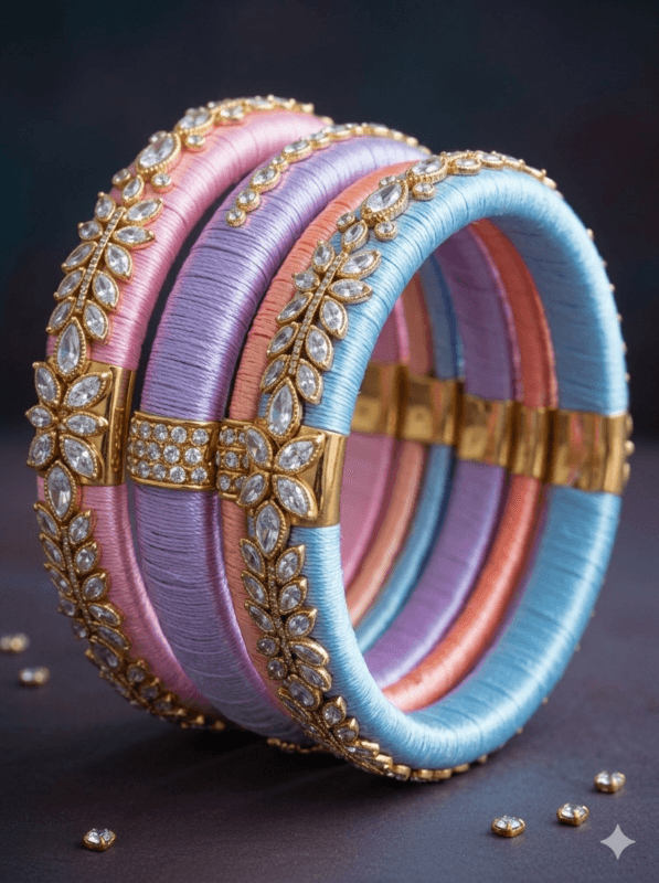 Soft pastel colour silk thread bangles design