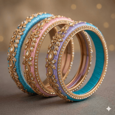 Pastel silk thread bangles complementing Mehendi bridal styling