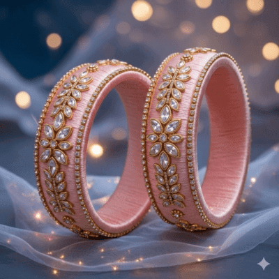 Pastel Blush Kundan Silk Thread Bangles for Engagement matching outfits