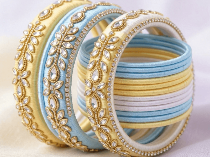 Yellow with blue Silk Thread Bangles for wedding