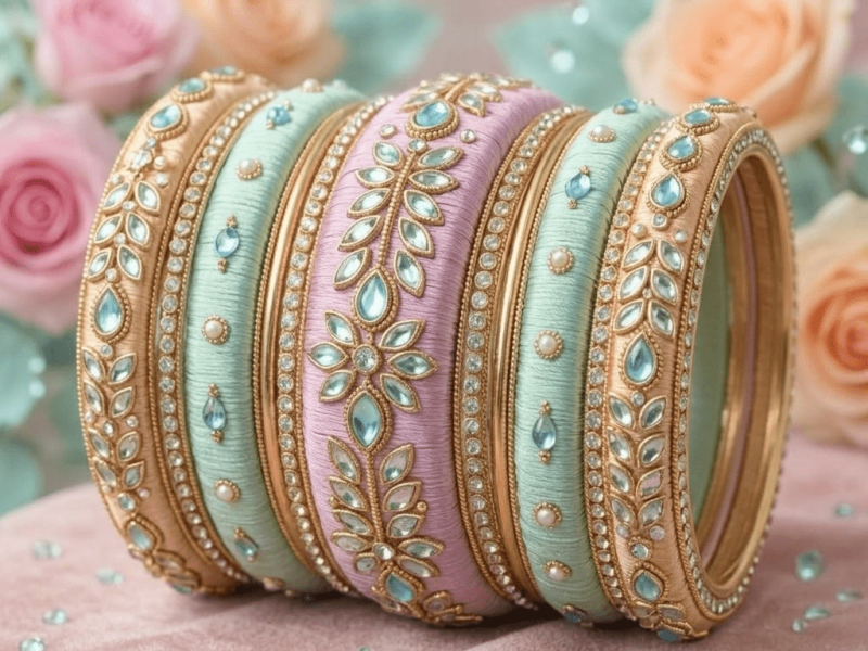 Dreamy pastel silk thread bangles close styling