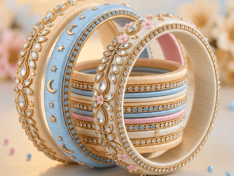 Elegant nude and sky blue silk thread bangles for modern bridal styling