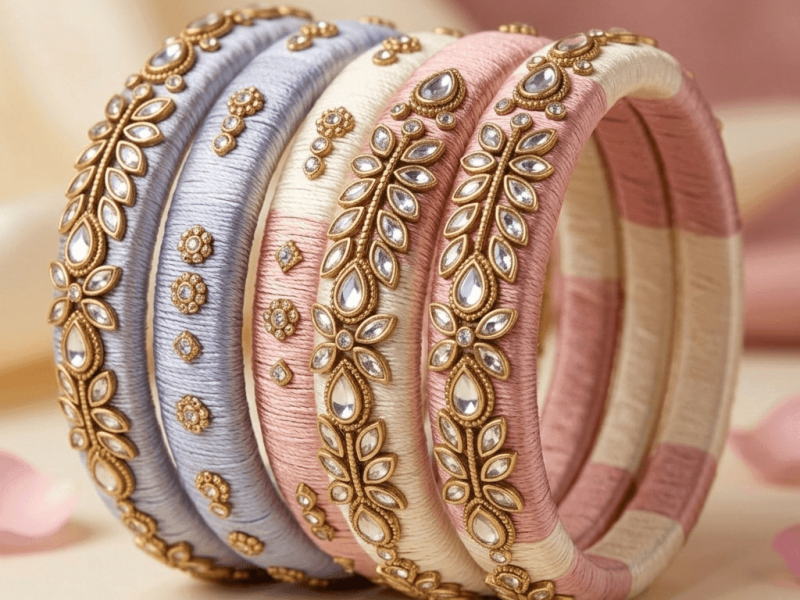 Handmade silk thread bridal bangles decorated with kundan stones