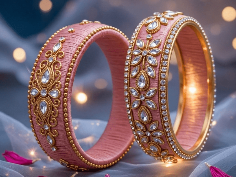 Pastel Baby Pink Kundan Silk Thread Bangles for Engagement ceremony