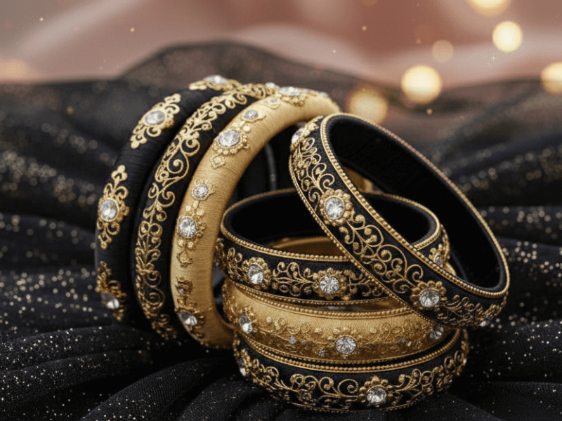 modern black silk thread bangles with gold accents